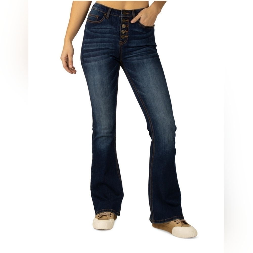 Juniors' High-Rise Exposed-Button Flare-Leg Denim Jeans - Picture 1 of 2
